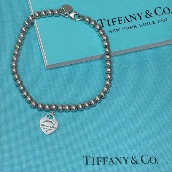 Authentic Tiffany & Co 4mm Bead Bracelet w/ Silver Mini Heart Charm - Picture 4 of 10